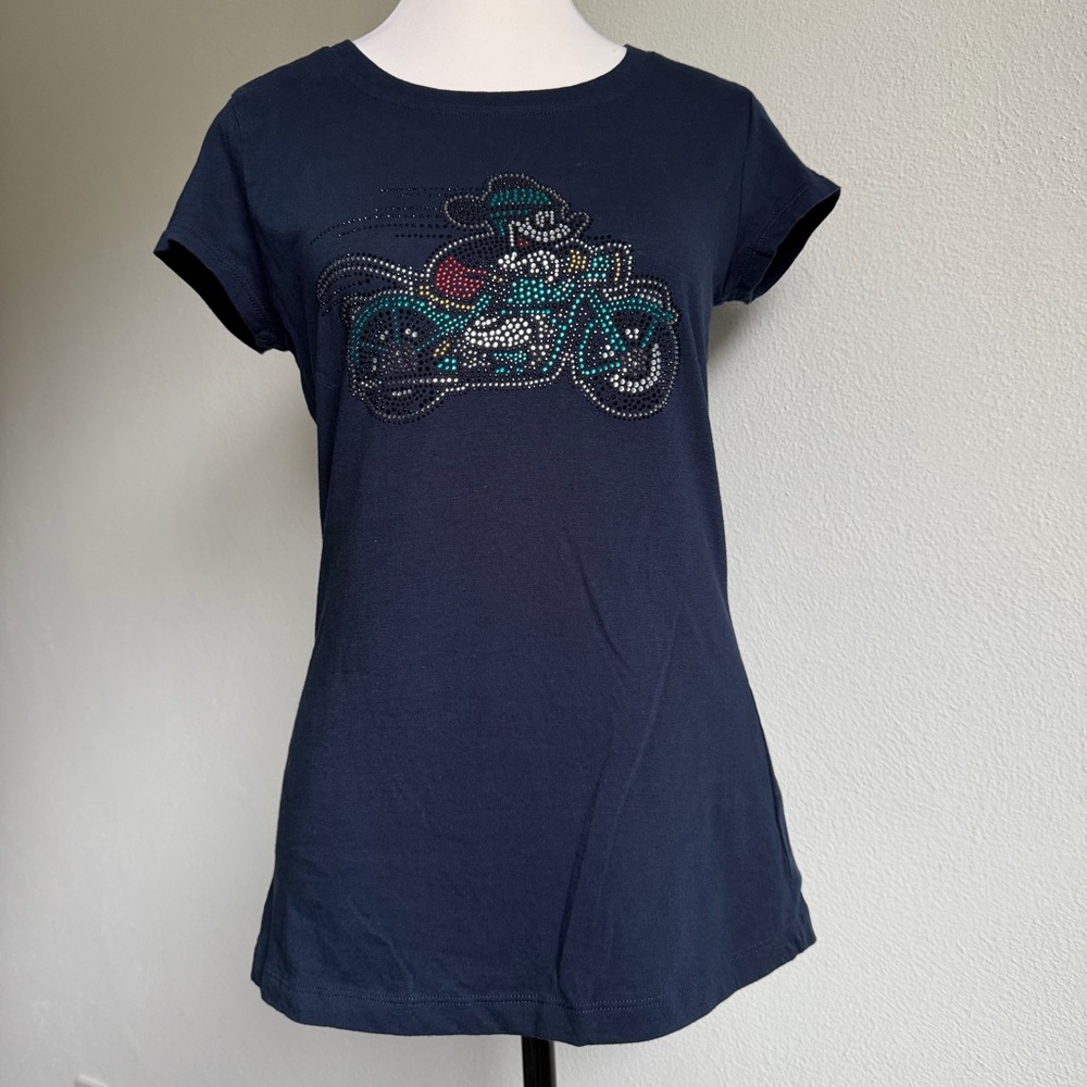 Disney Mickey on Motorcycle Rhinestone‎ Short Sleeve Navy Blue T-Shirt Juniors L